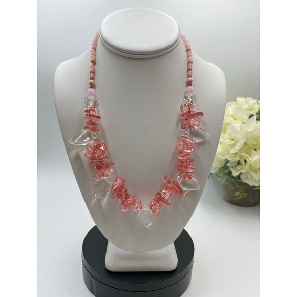 Cherry Quartz & Clear Quartz Chip Bead Statement Necklace Pink Coral Gemstone - Picture 12 of 13